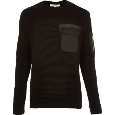 Black knitted minimal pocket jumper